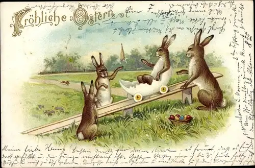 Litho Glückwunsch Ostern, Osterhasen, Ostereierschale als Spielzeug auf Rädern