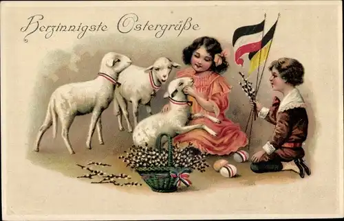 Präge Ak Glückwunsch Ostern, Kinder und Lämmer, Weidenkätzchen, Kaiserliche Verbündete