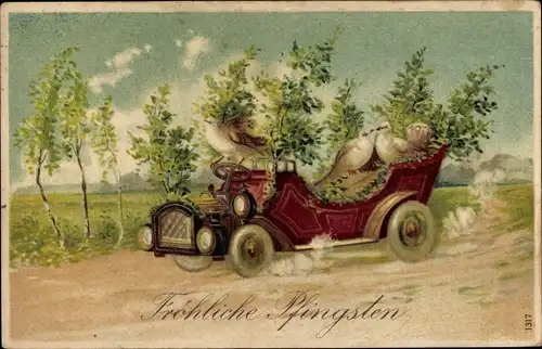 Präge Ak Glückwunsch Pfingsten, Vögel fahren Auto, Birken