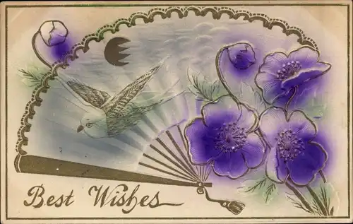 Präge Ak Glückwunsch, Vogel, Fächer, Blumen