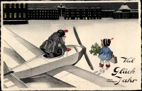 Ak Glückwunsch Neujahr, Zivilflugzeug, Passagierflugzeug, Kind, Glücksklee