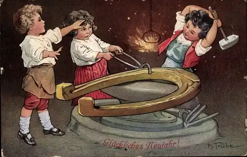 Künstler Ak Trübe, M., Glückwunsch Neujahr, Kinder als Schmiede, Hufeisen, Amboss