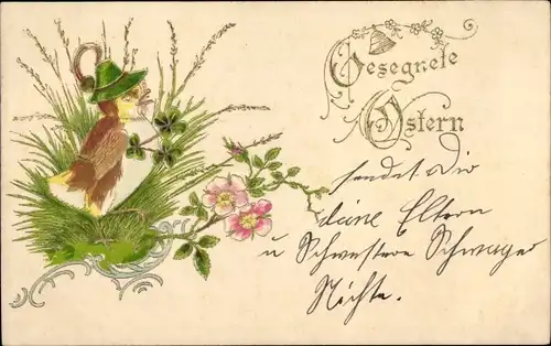 Präge Litho Glückwunsch Ostern, Küken, Blumen, Glücksklee