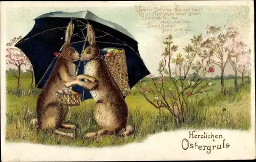 Präge Litho Glückwunsch Ostern, Osterhasen, Liebespaar, Kuss, Sonnenschirm