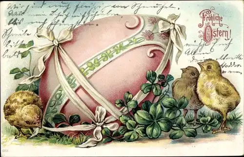 Präge Litho Glückwunsch Ostern, Küken, Osterei, Glücksklee