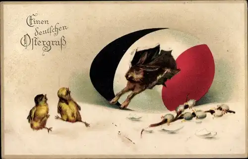 Präge Ak Glückwunsch Litho, Küken, Osterhase, Weidenkätzchen