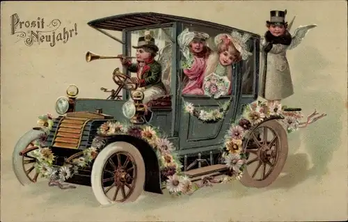 Präge Ak Glückwunsch Neujahr, Automobil, Auto, Ausflug, Kinder, Blumen