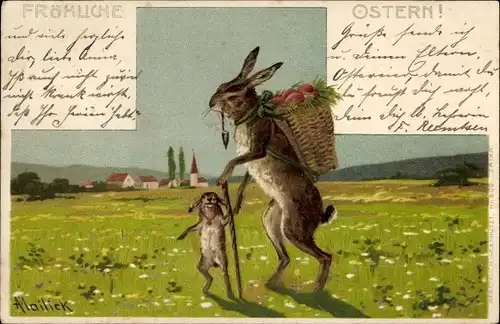 Künstler Litho Mailick, Glückwunsch Ostern, Osterhase, Jungtier, Korb, Pfeife, Ostereier