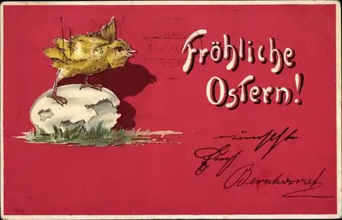 Litho Glückwunsch Ostern, Küken, Eierschale