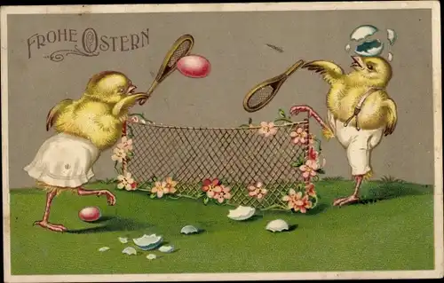 Ak Glückwunsch Ostern, Küken spielen Tennis, Blumen, Ostereier