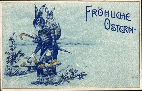 Präge Ak Glückwunsch Ostern, Osterhase, Ostereier, Körbe