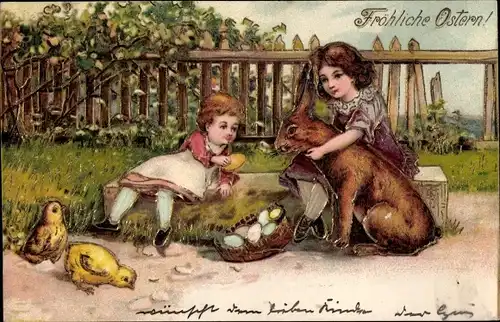 Präge Litho Glückwunsch Ostern, Kinder, Osterhase, Küken, Ostereier