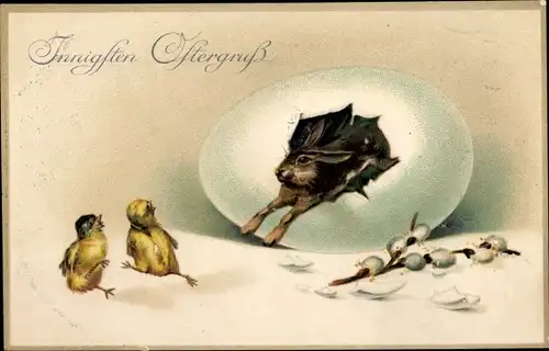 Präge Ak Glückwunsch Ostern, Osterei, Osterhase, Weidenkätzchen