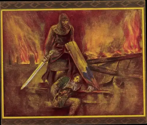 Sammelbild Das Nibelungen-Lied, V. Fries, Der Nibelungen Not, Hagen schirmt König Gunther