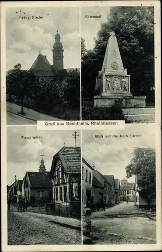 Ak Bechtheim in Rheinhessen, Evangelische Kirche, Ehrenmal, Wassergasse, Katholische Kirche
