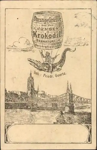 Litho Frankfurt am Main, Teilansicht, Brücke, Junges Krokodil, Kaiserstraße 55