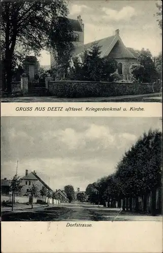 Ak Deetz Groß Kreutz an der Havel, Kriegerdenkmal, Kirche, Dorfstraße