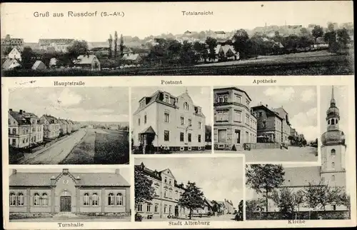 Ak Russdorf Limbach Oberfrohna, Hauptstr., Post, Apotheke, Turnhalle, Gasthaus Stadt Altenburg