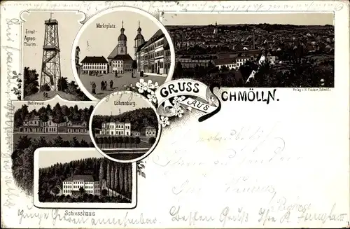 Litho Schmölln in Thüringen, Marktplatz, Schiesshaus, Bellevue, Ernst-Agnes-Turm