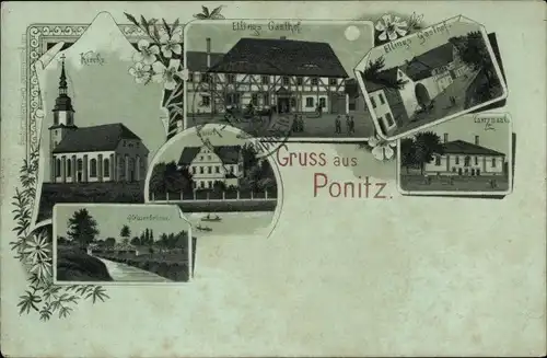 Mondschein Litho Ponitz Altenburger Land Thüringen, Ettings Gasthof, Kirche, Tanzsaal