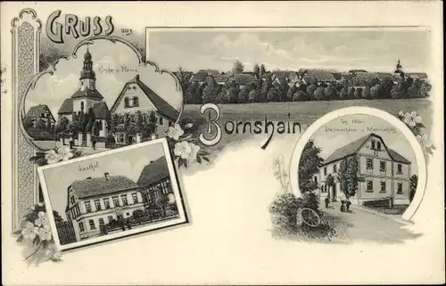 Ak Bornshain Nobitz Altenburger Land, Kirche, Gasthof, Materialwarenhandlung