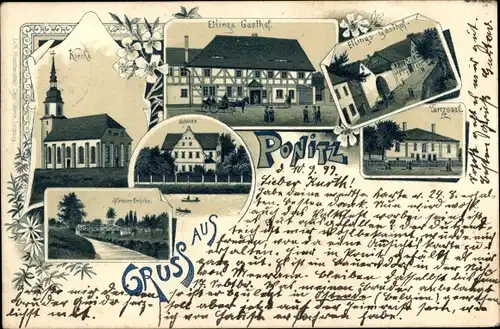 Litho Ponitz Altenburger Land Thüringen, Etlings Gasthof, Kirche, Schloss, Tanzsaal