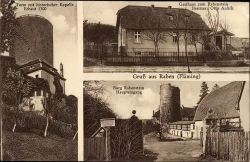 Ak Raben Rabenstein im Fläming, Turm, historische Kapelle, Gasthaus zum Rabenstein, Burg