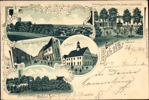 Litho Bad Belzig in der Mark, Burg Eisenhardt, Brandenburger Straße, Rathaus, Restaurant