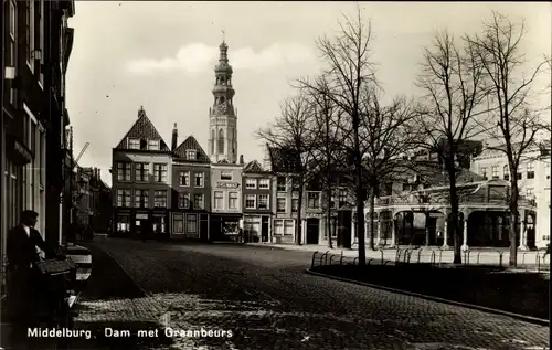 Ak Middelburg Zeeland Niederlande, Dam met Graanbeurs