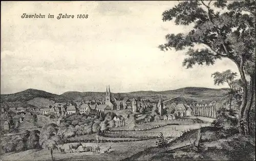 Künstler Ak Iserlohn im Märkischen Kreis, Blick zum Ort um 1808