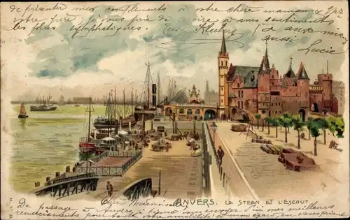 Litho Antwerpen Antwerpen Flandern, Debarcadere, Steen und die Schelde