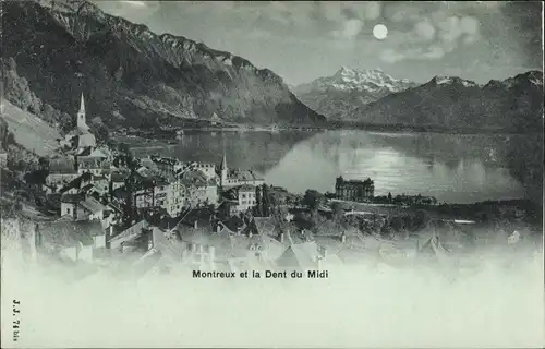 Mondschein Ak Montreux Kanton Waadt Schweiz, Stadt und Dent du Midi
