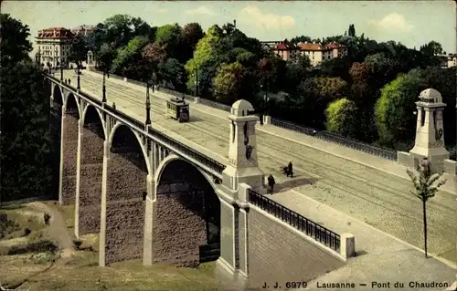 Ak Lausanne Kt. Waadt Schweiz, Pont de Chaudron, Viadukt, Straßenbahn