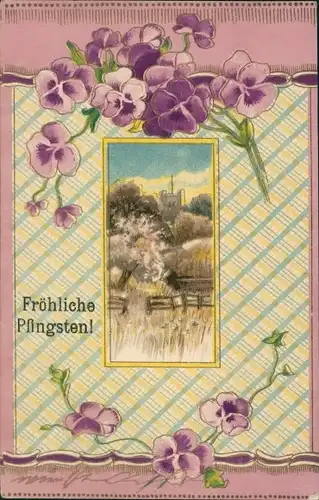 Präge Passepartout Ak Glückwunsch Pfingsten, Stiefmütterchen, Bäume