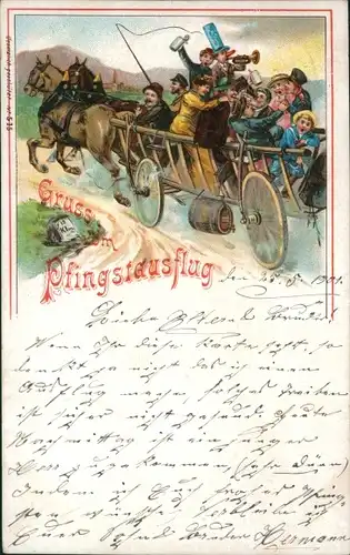 Litho Glückwunsch Pfingsten, Feiernde Menschen, Fuhrwerk