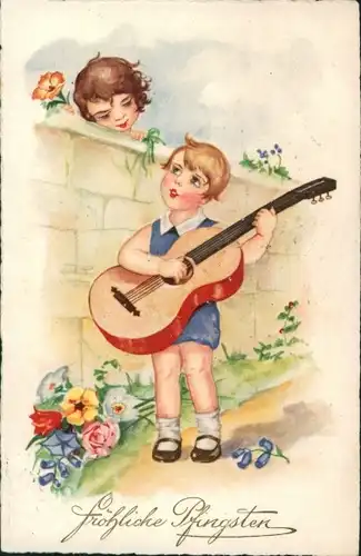 Ak Glückwunsch Pfingsten, Liebespaar, Blumen, Junge spielt Gitarre