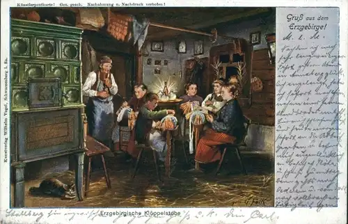 Künstler Ak Falk, G., Erzgebirgische Klöppelstube, Kachelofen