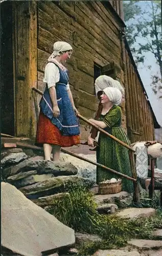 Ak Heit kumm ich se Dir hutz'n, Frauen, Trachten, Erzgebirge, Klöppelbock, Verlag Wilhelm Vogel