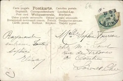 Präge Ak Engel, Briefumschlag, Rosen, Schleife