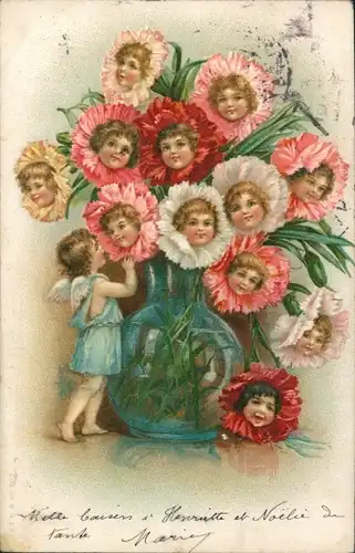 Litho Blumen mit Kinderköpfen, Blumenvase, Engel, Kitsch