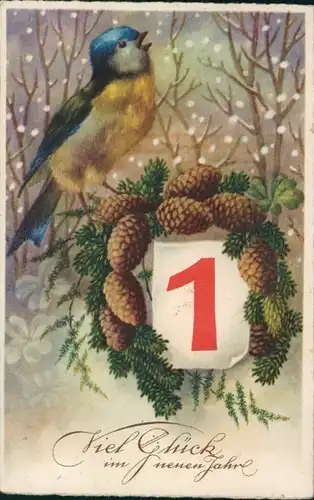 Ak Glückwunsch Neujahr, Kalender, Tannenzapfen, Vogel