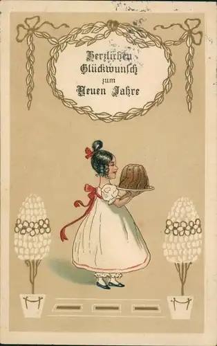 Präge Ak Glückwunsch Neujahr, Mädchen, Kuchen, Schleife