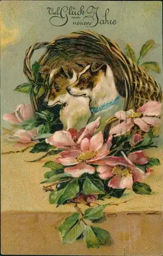 Präge Ak Glückwunsch Neujahr, Hunde, Korb, Blumen