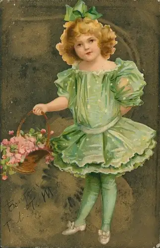 Litho Mädchen in grünem Kleid, Portrait, Blumenkorb