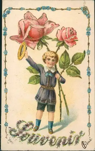 Präge Glitzer Litho Junge, Rosen, Hut, Souvenir, Vergissmeinnicht