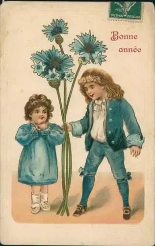 Präge Ak Glückwunsch Neujahr, Kinder, Blaue Blumen