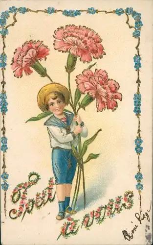 Präge Glitzer Litho Junge, Blumen, Vergissmeinnicht, Kitsch