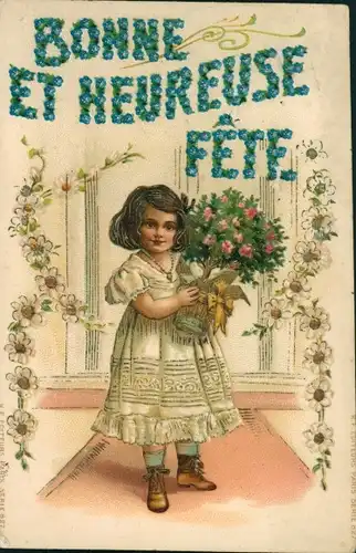 Präge Litho Glückwunsch, Mädchen, Rosen, Vergissmeinnicht