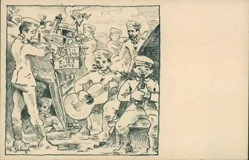 Künstler Ak Schlegel, Th., Soldaten im Schützengraben, Zur lustigen Ecke, Gitarre