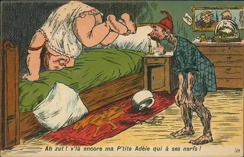 Ak Dicke Frau macht Kopfstand auf dem Bett